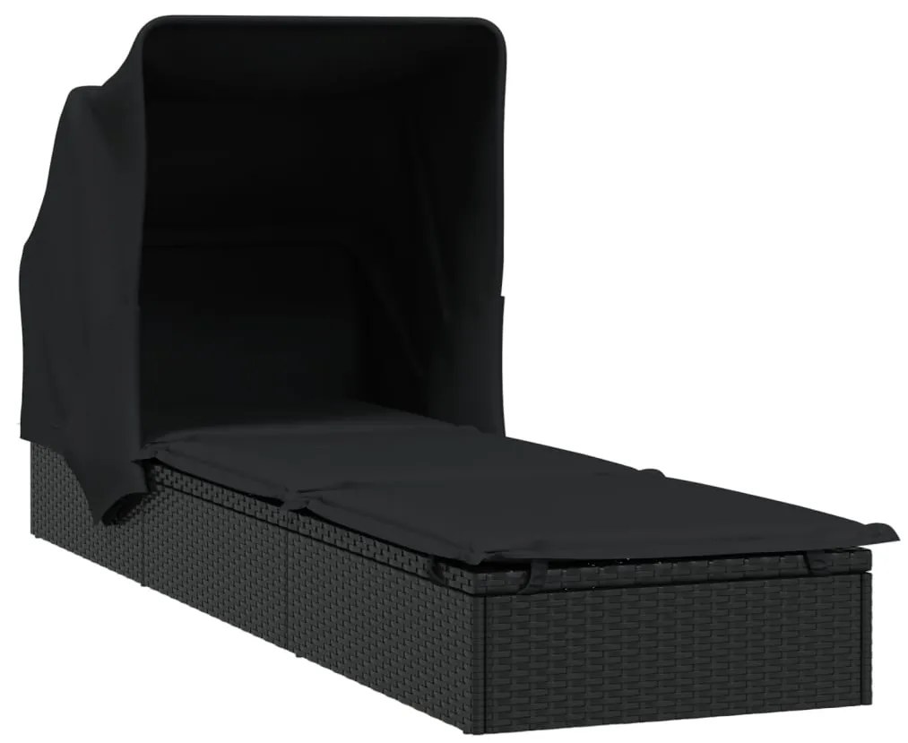 Espreguiçadeira c/ teto dobrável 213x63x97 cm vime PE preto