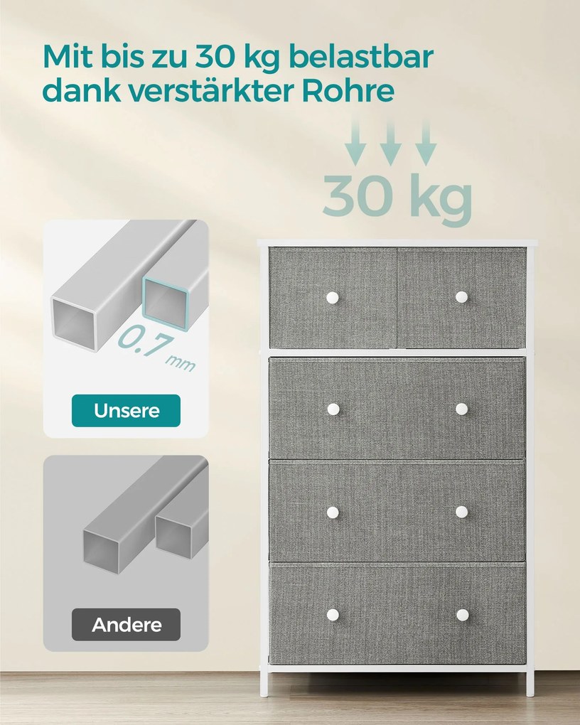 Cómoda com 5 gavetas em tecido e armação em metal 30 x 56 x 93 cm cinzento e branco