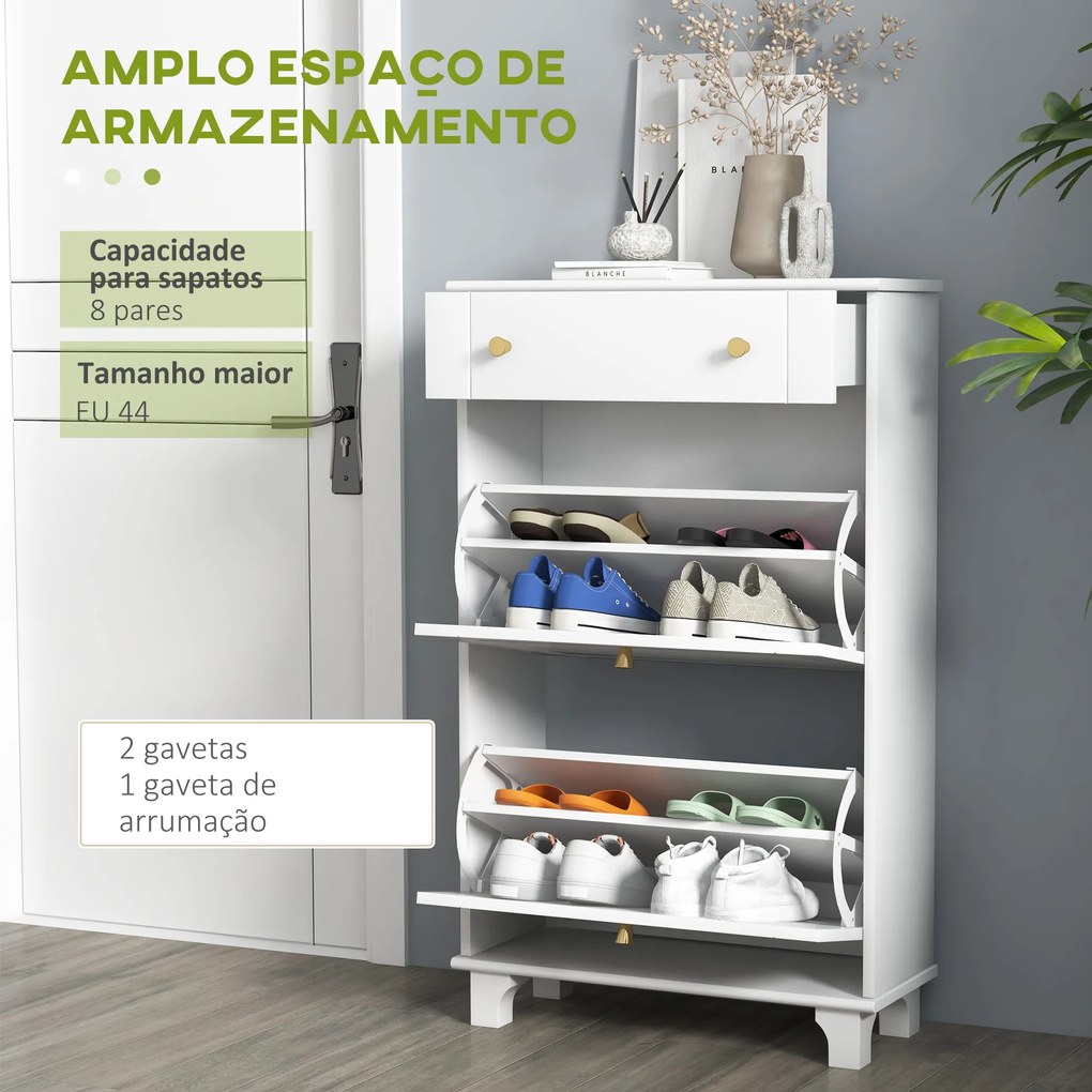 HOMCOM Sapateira Branca Móvel Sapateira Estreita com 2 Portas e 1 Gaveta para 8 Pares de Sapatos para Entrada Corredor 60x23,5x98,5 cm Branco