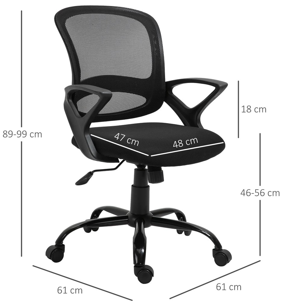 Cadeira de Oficina Ergonômica Basculante com Altura Ajustável Assento Giratório 360° Suporte e Lombar Malha Transpirável 61x61x89-99cm Preto