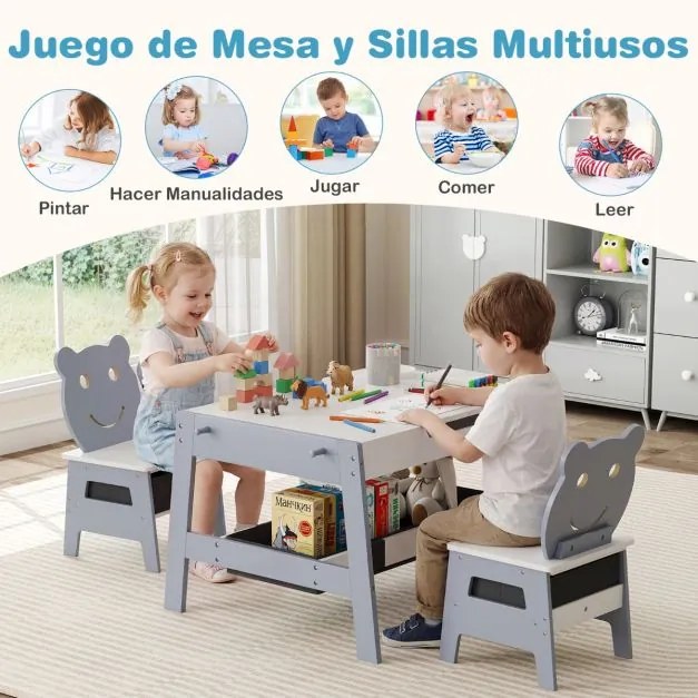 Conjunto de Mesa e 2 cadeiras infantil Secretária 5 em 1 com superfície reversível Quadro branco e preto 4 ganchos Compartimentos Cinzento