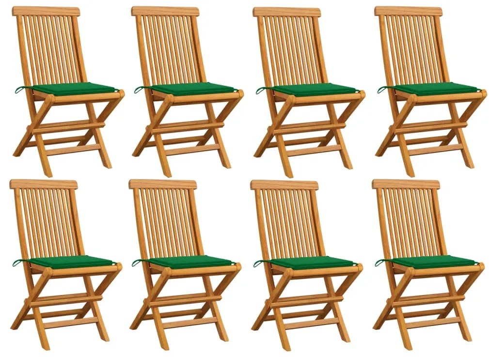 vidaXL Cadeiras de jardim c/ almofadões verdes 8 pcs teca maciça