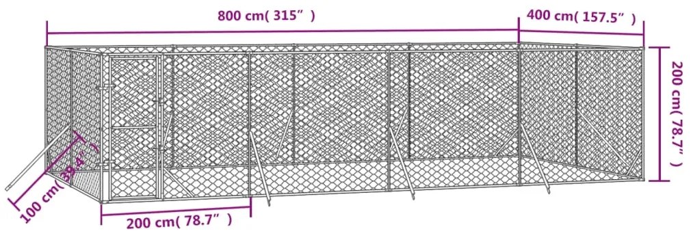 Canil de exterior 8x4x2 m aço galvanizado prateado