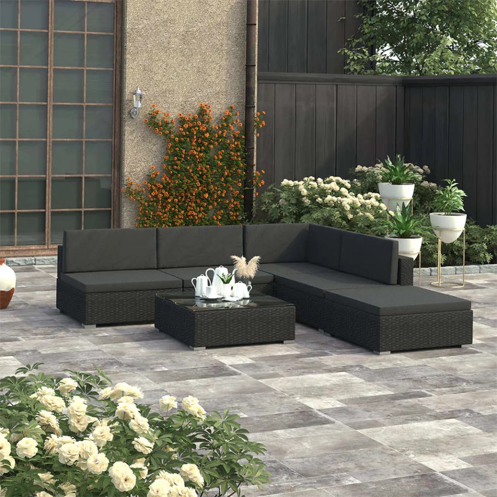vidaXL 6 pcs conjunto lounge de jardim c/ almofadões vime PE preto