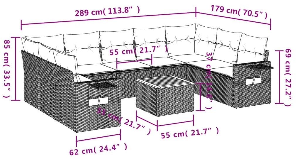 10 pcs conjunto sofás de jardim c/ almofadões vime PE preto