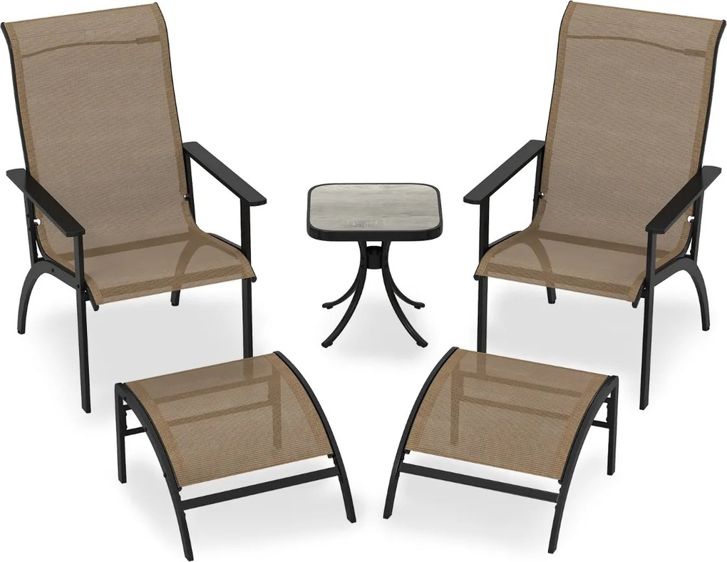 Conjunto de móveis de jardim de 5 peças Cadeiras ergonómicas com apoio para os pés e mesa auxiliar Castanho