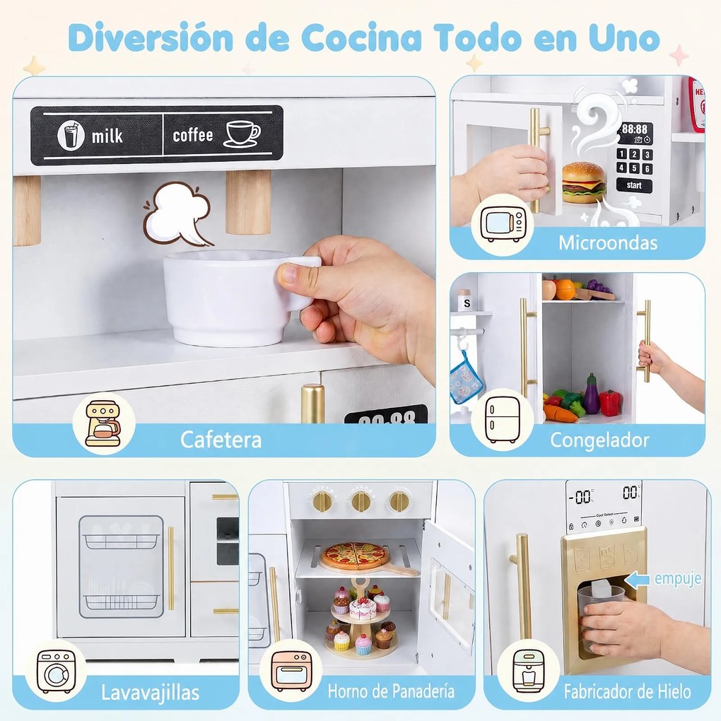 Cozinha Infantil de Brincar, 93 x 29,5 x 96 cm, Com Luzes e Sons, Branco