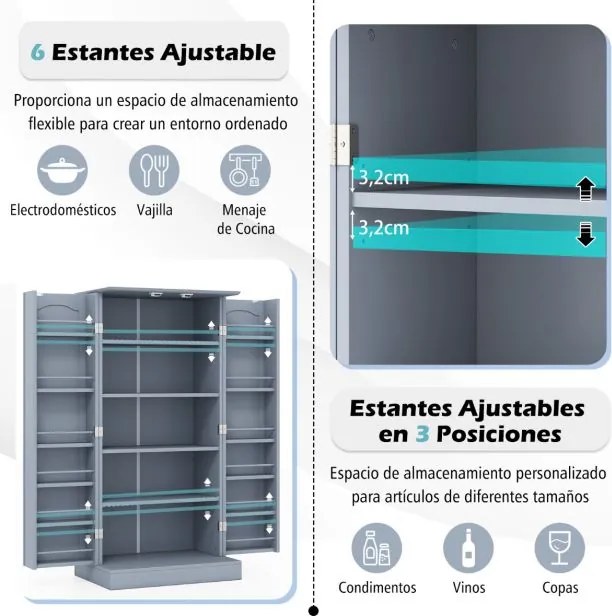 Armário de despensa cozinha com 2 portas e 16 prateleiras Dispositivos antivolto Armário moderno para sala de jantar 60 x 40 x 120 cm Cinza