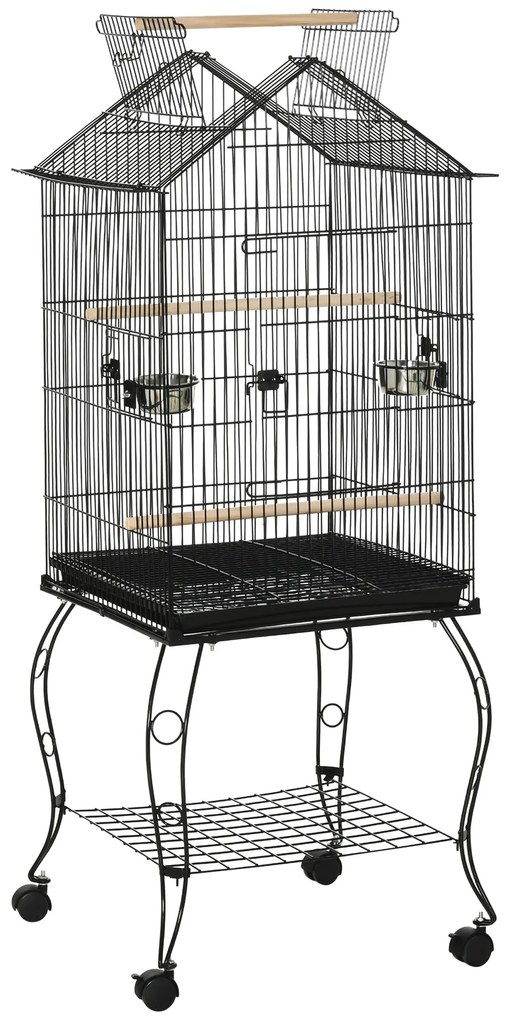 PawHut Gaiola para Pássaros com Suporte Rodas Bandeja Amovível 2 Comedouros e Prateleira Inferior de Metal 50x58x145 cm Preto