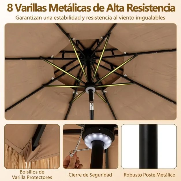 Guarda-sol de 313 cm com luzes LED Estilo havaiano Cabo basculante Palha PE Natural + Preto
