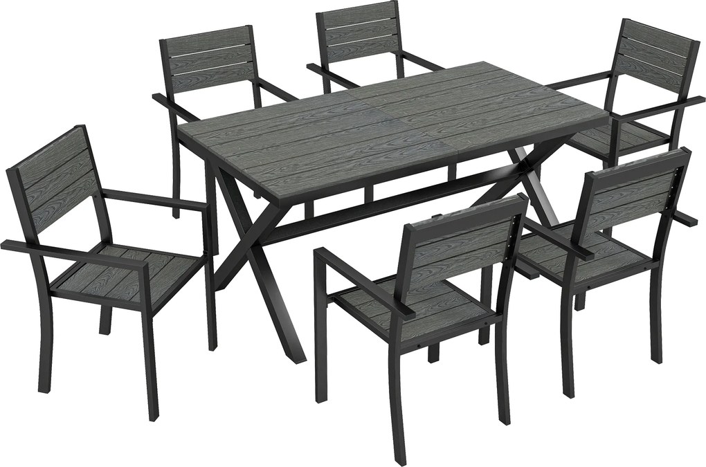 Outsunny Conjunto de Jantar Exterior 7 Peças para 6 Pessoas, Mesa e Cadeiras Empilháveis com Ripado Efeito Madeira, Estrutura em Alumínio, Cinza | Aosom Portugal