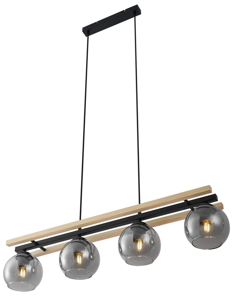 Candeeiro suspenso moderno preto com madeira e vidro fumado 4 luzes - Aleks Moderno