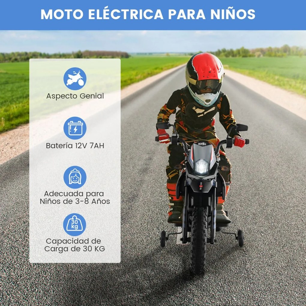 Mota Eléctrica 12V para Crianças Aprilia Licenciada com 2 Rodas de Treino dos 3 aos 8 Anos Azul