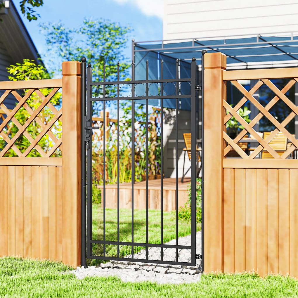 Portão de Jardim 89x147,5 cm Porta para Vedação de Barra de Aço Galvanizado com Puxador Fechadura e 3 Chaves Preto