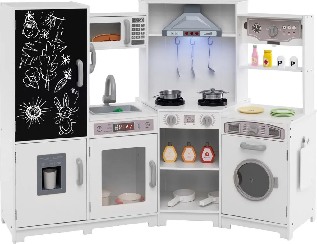 Cozinha de brinquedo de madeira com luzes e sons com quadro negro e acessórios de cozinha para crianças 131 x 47 x 92 cm branco