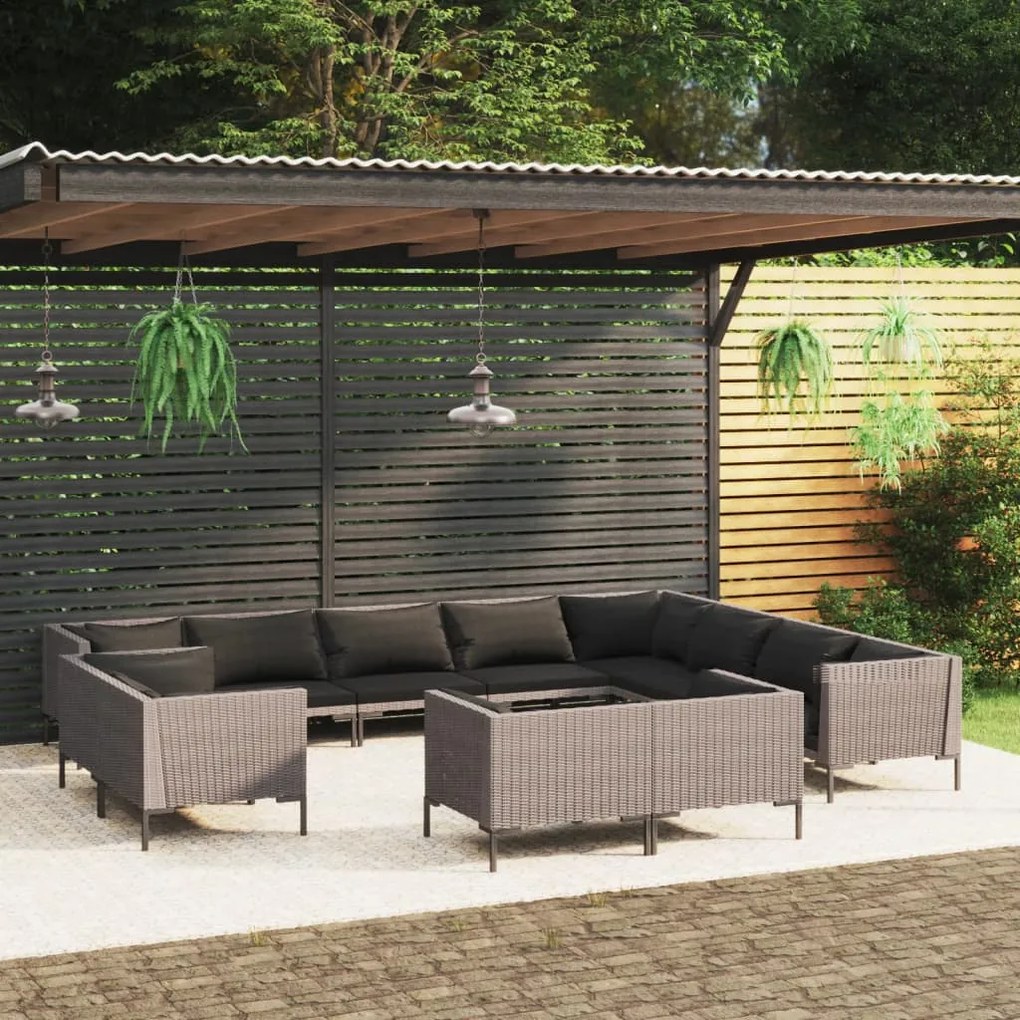 vidaXL 12 pcs conj. lounge jardim c/ almofadões vime PE cinza-escuro