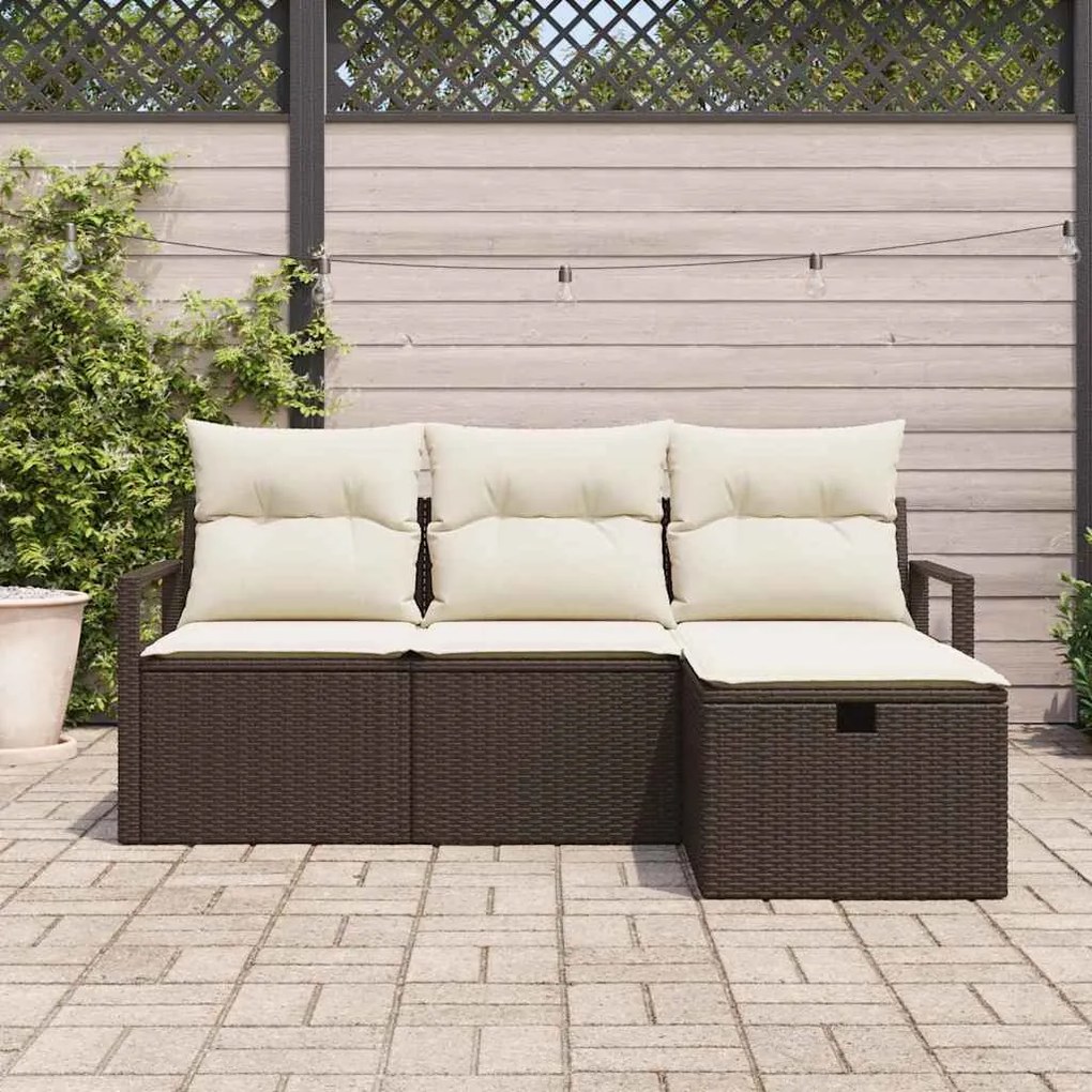 Conjunto de Sofá de Jardim de 4 Peças com Almofadas Castanho Rattan Si