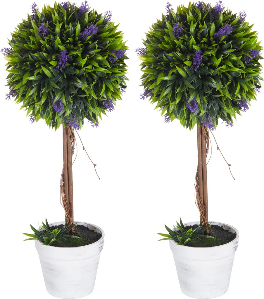 Conjunto de 2 plantas artificiais com flores de lavanda, incluindo tronco e vaso - altura 60 cm, verde