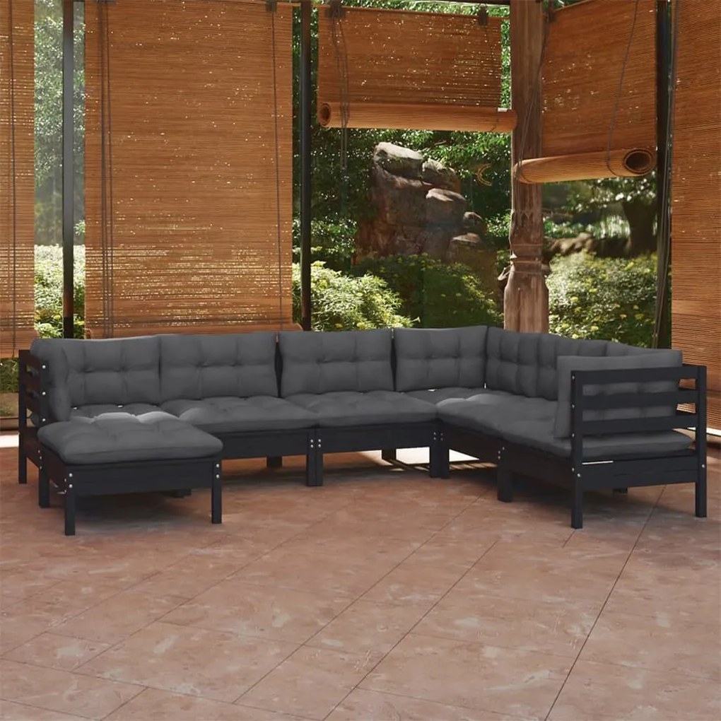 vidaXL 7 pcs conjunto lounge jardim c/ almofadões pinho maciço preto