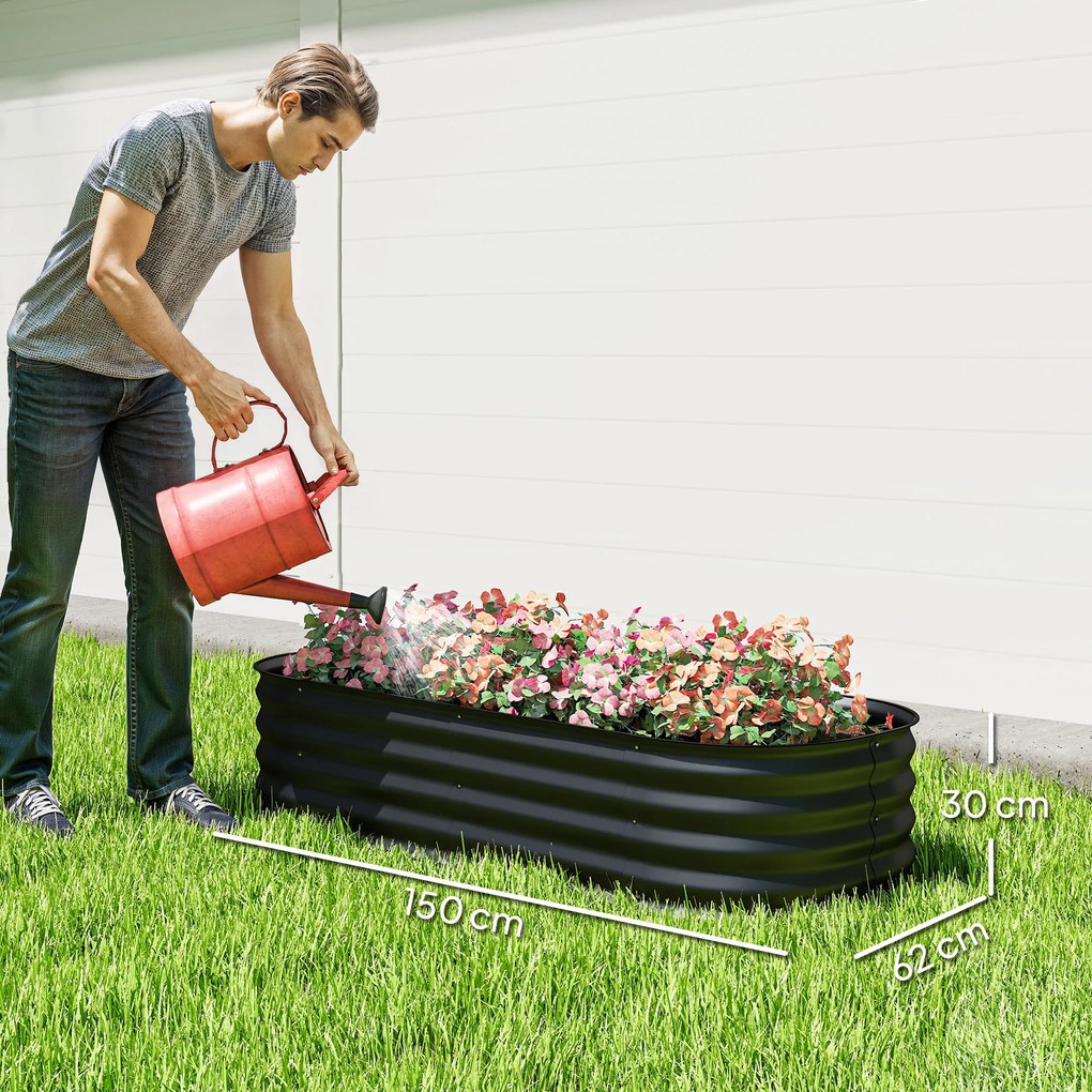 Floreira elevada quadrada para horta, em aço, modular, para legumes, plantas e flores, dim. 150 x 62 x 30 cm, preto