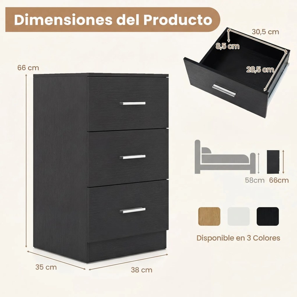 Mesa de cabeceira com base de carregamento 38 x 35 x 66 cm, 3 gavetas, porta USB, moderna, para sala ou quarto, Preta