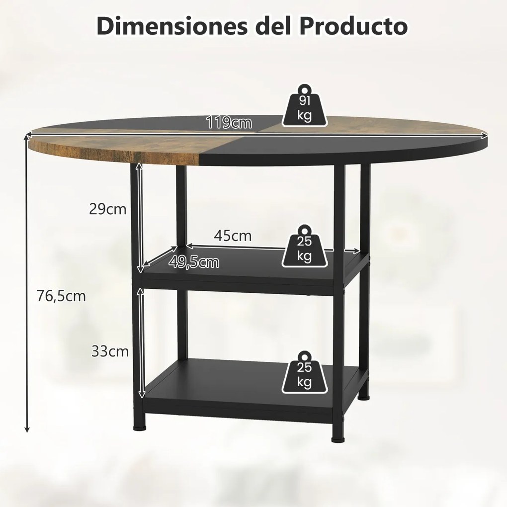 Mesa de jantar ou cozinha 119 cm para 4-6 pessoas de madeira (CADEIRAS NÃO INCLUIDAS) de com design bicolor 2 prateleiras de armazenamento e pernas pr