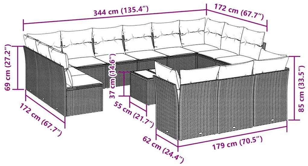 14 pcs conj. sofás jardim com almofadões vime PE cinzento-claro