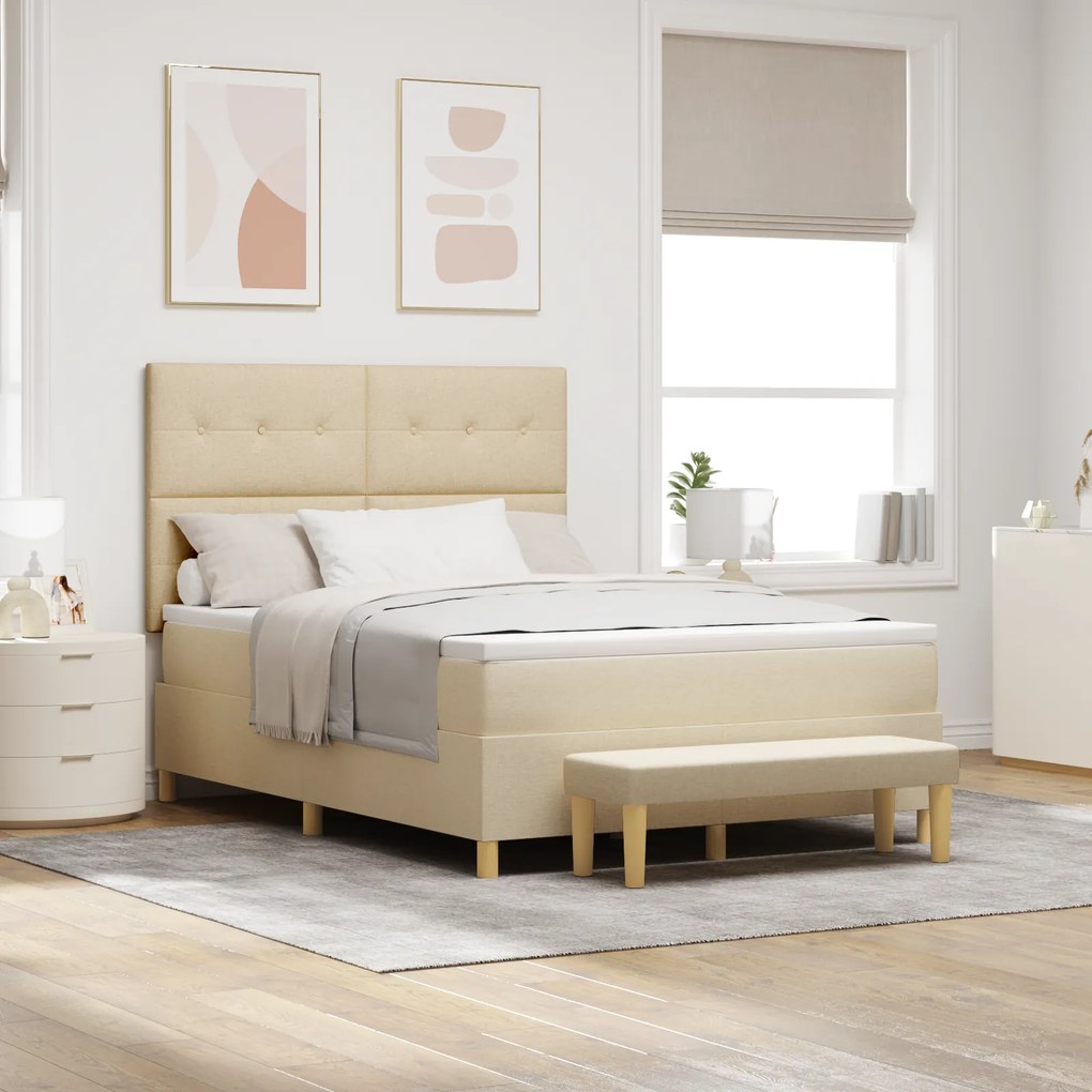 Cama Box Spring vidaXL com Colchão e Banco Creme 160x200 cm Tecido