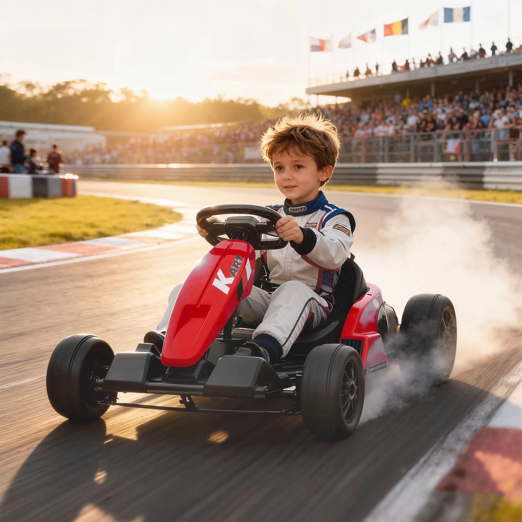 Kart elétrico para crianças de 24 V, Go Kart, motor de 2 x 150 W, modo drift, assento ajustável, arranque progressivo, vermelho