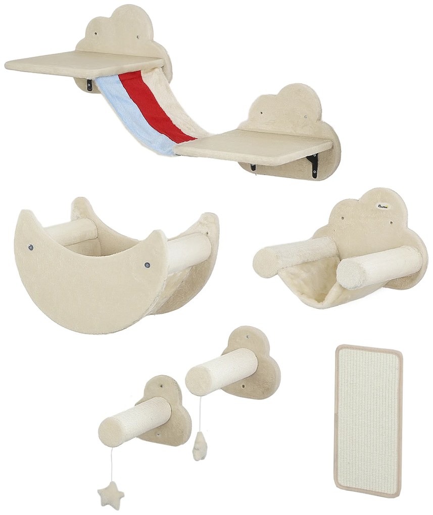 Conjunto de Prateleiras de Escalada para Gatos de 6 Peças com Rede Plataformas Escadas Tábua de Arranhar e Poste de Sisal Bege