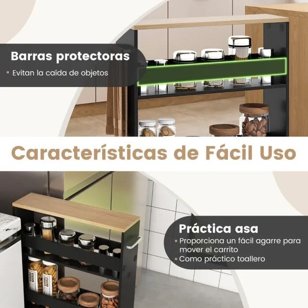Carrinho de cozinha estreito 47,5 x 20 x 80,5 cm de 4 níveis com rodas com pega e estantes abertas para espaços pequenos Preto