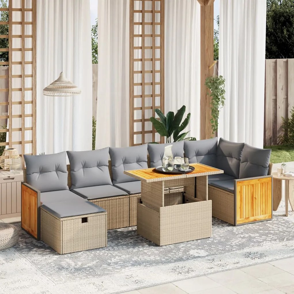 8 pcs conjunto de sofás p/ jardim com almofadões vime PE bege