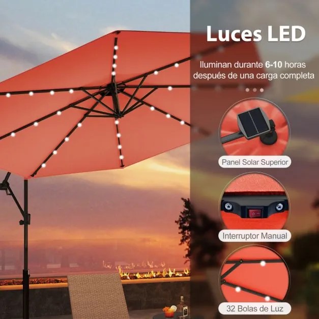 Guarda-sol exterior de 3 m com rotação de 360° e 32 luzes LED Ajuste fácil da inclinação Manivela Laranja