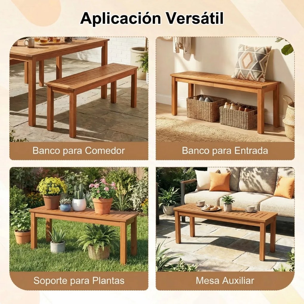 Banco jardim 120 x 30,5 x 47 cm em madeira maciça sem encosto para 2 pessoas, com capacidade para 200 kg, para jardim, pátio ou varanda, acabamento na