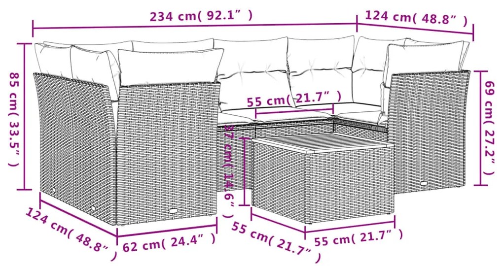 7 pcs conjunto sofás p/ jardim c/ almofadões vime PE cinzento