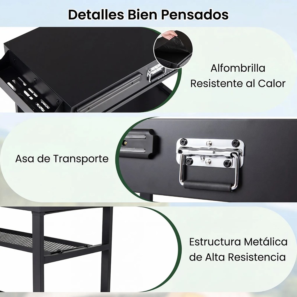Carrinho Auxiliar para Churrasco, 109 x 46 x 86,5 cm, Dobrável, Preto