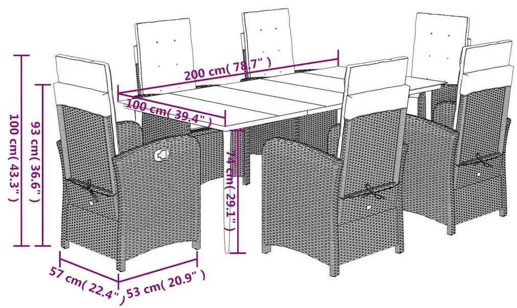 7 pcs conjunto de jantar p/ jardim com almofadões vime PE bege