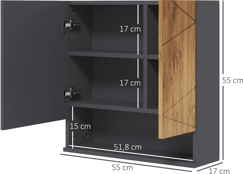 Armário de parede com espelho para casa de banho, com 2 portas, 55 x 17 x 55 cm, natural e cinzento escuro