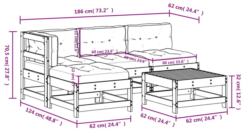 5pcs conjunto lounge jardim com almofadões madeira maciça cinza