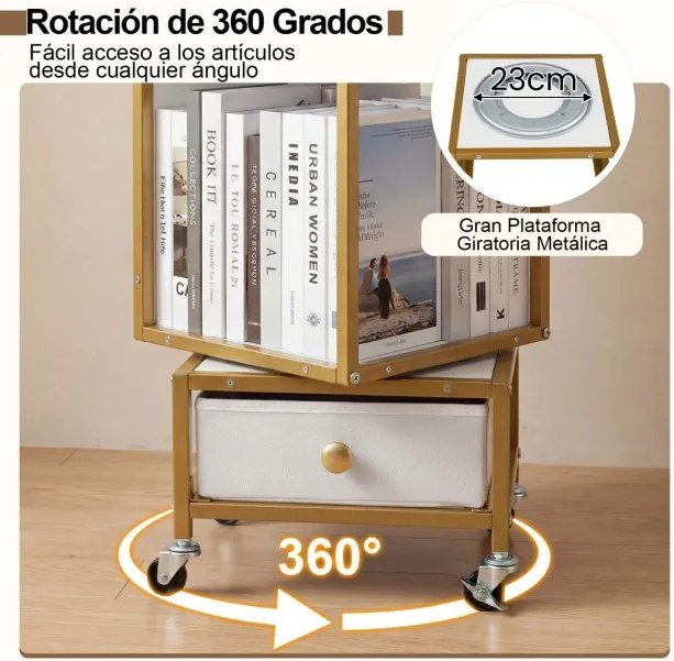 Estante giratória de 4 prateleiras 30 x 30 x 111 cm com rodas de 360°, gaveta estreita removível em tecido e madeira para sala de estar, quarto ou esc