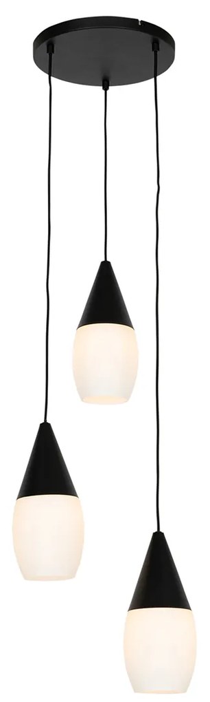 Candeeiro de suspensão moderno preto com vidro opalino 3 luzes - Drop Moderno