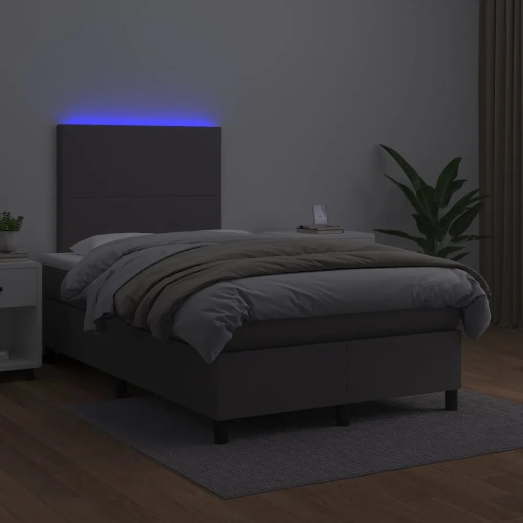 Cama box spring c/ colchão/LED 120x200cm couro artificial cinza