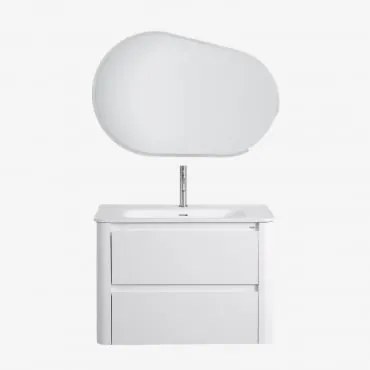 Conjunto De Móvel De Casa De Banho Suspenso 80x50 Cm Em Madeira Com Lavatório Integrado Egerton Branco & Oval Led E Anti-embaciamento 100x80 - Sklum