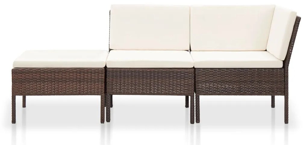 3 pcs conjunto lounge jardim c/ almofadões vime PE castanho