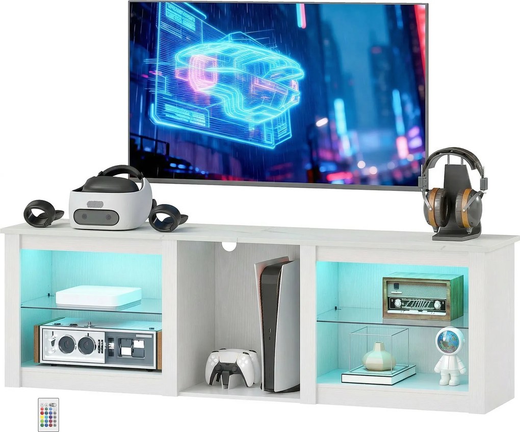 Móvel de TV com iluminação LED para televisores até 70 polegadas, 160 x 35 x 51,7 cm, com prateleiras de vidro ajustáveis, branco