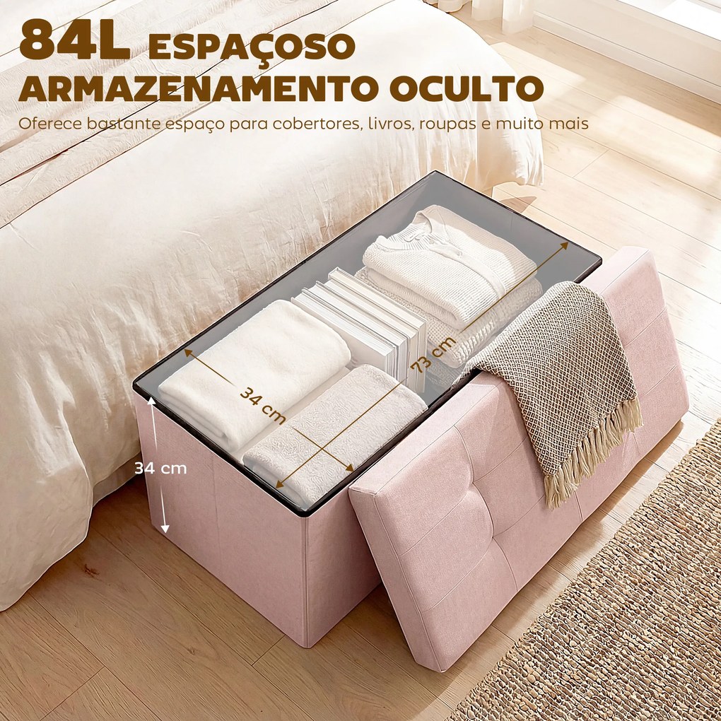 Puff de Arrumação Banco Dobrável 84 L 76x38x38 cm Estofado em Linho Sintético, Baú de Arrumação Rosa