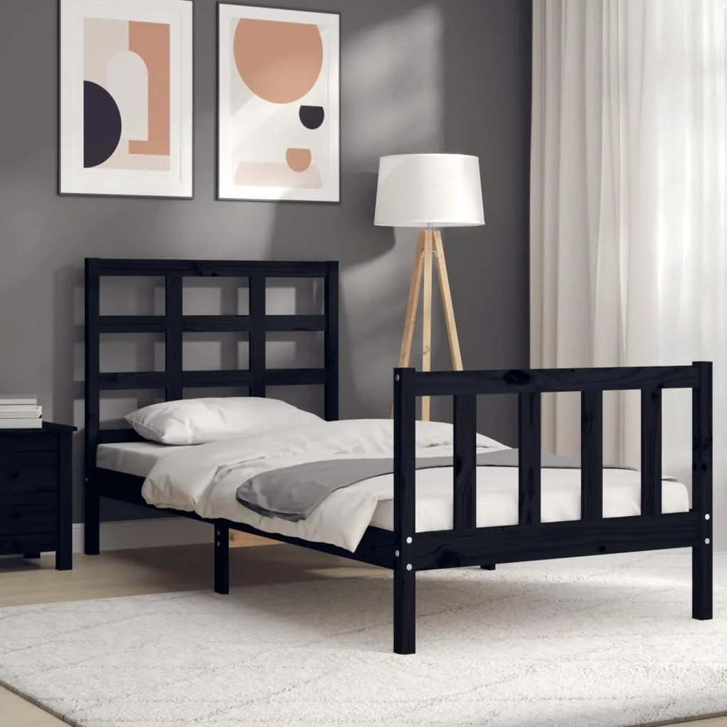 Estrutura de cama com cabeceira 90x190 cm madeira maciça preto