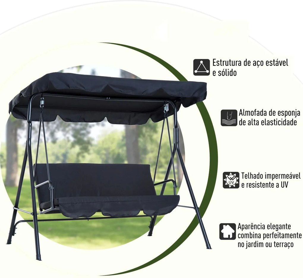 Baloiço de Jardim de Metal 3 lugares com Toldo Ajustável e Almofada  172x110x153 cm Preto