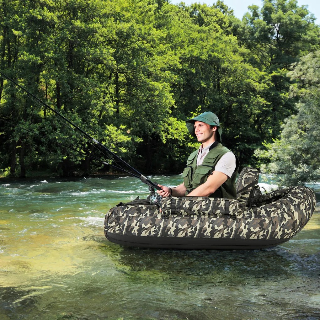 Barco de pesca Insuflável Suporte de cana Bolsos de vara Remo Bomba portátil Barco de pesca Carga 150 kg Camuflado
