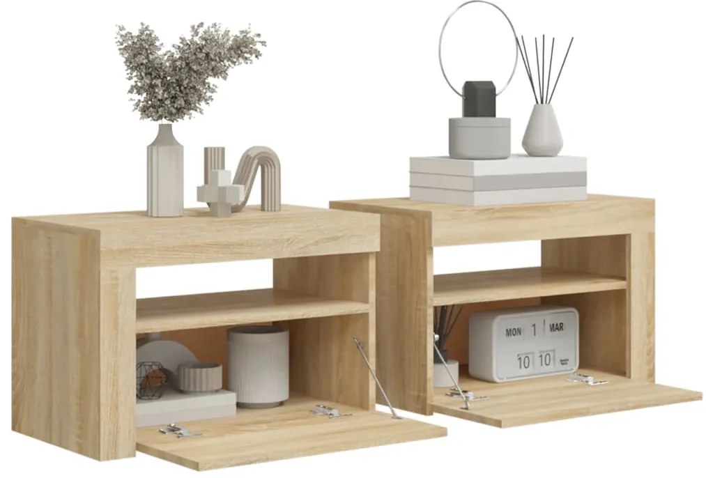 Mesas cabeceira c/ luzes LED 2 pcs 60x35x40 cm carvalho sonoma